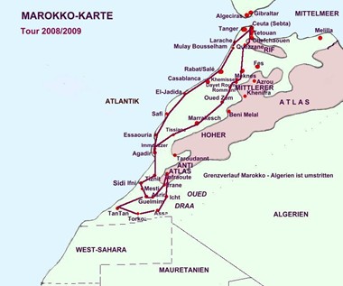 Marokko Karte Reiseverlauf 2008-09 (A.Gutsche)