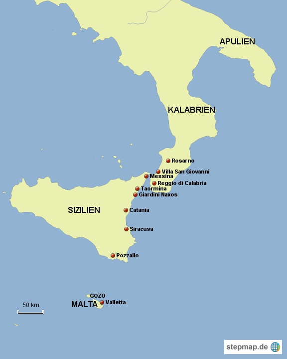 Karte Anreise Malta durch Süditalien